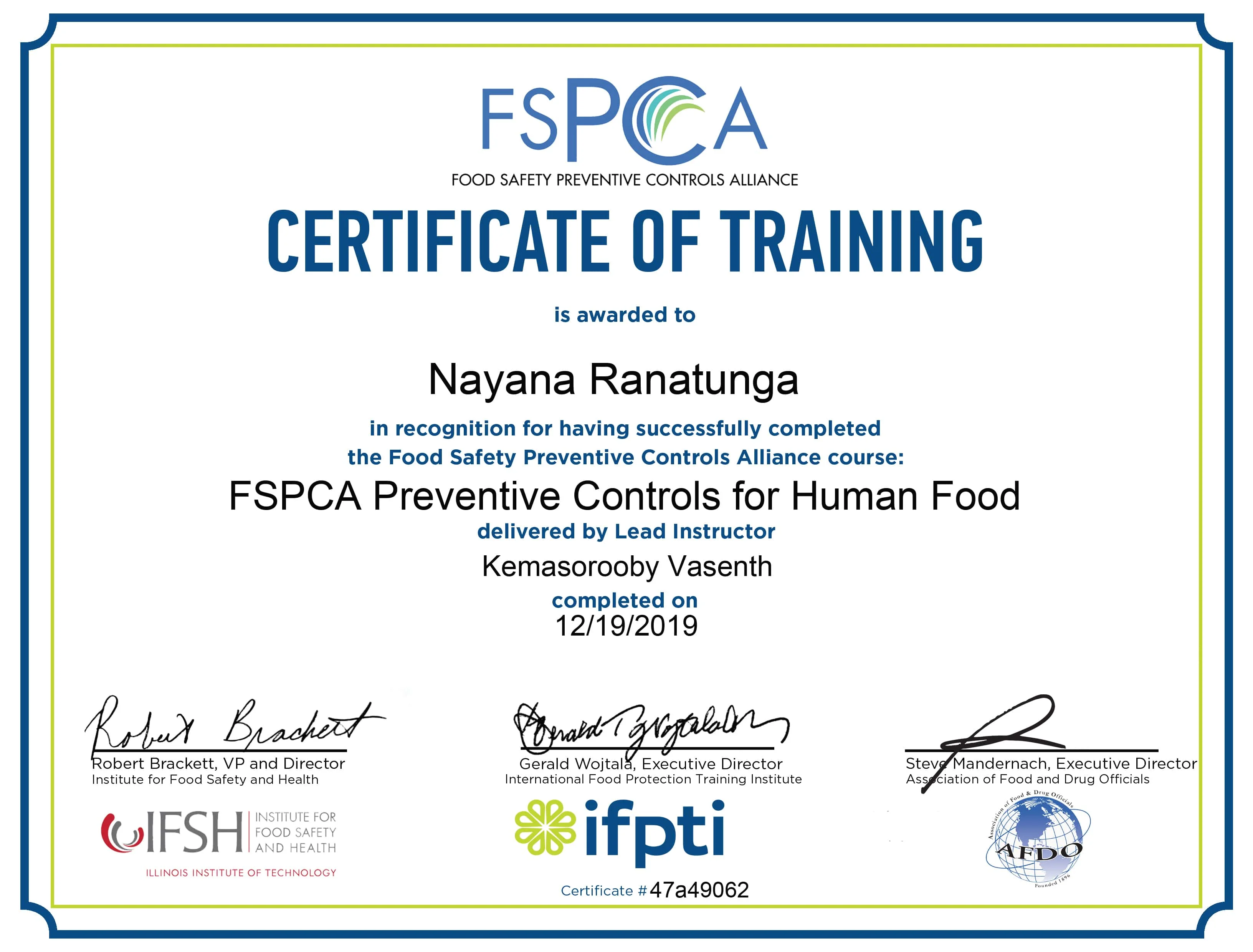 Certifacate of Food Safety Control Alliance