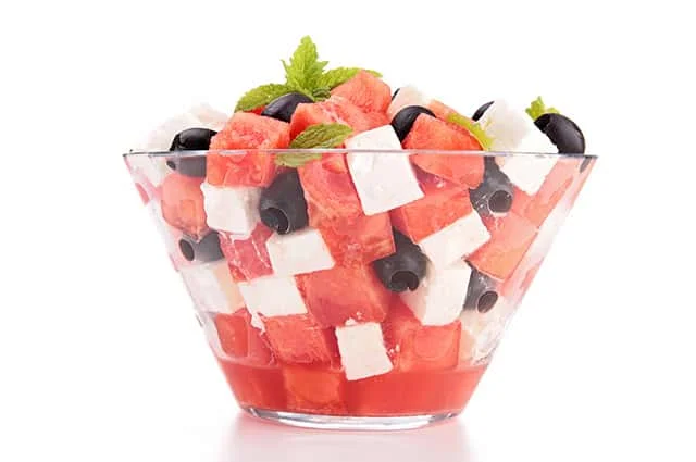 A fruit bowl with watermelon chuncks